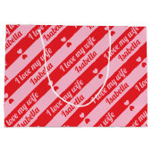 文字カスタムハートストライプズValentine's Red Pink ラージペーパーバッグ (裏面)