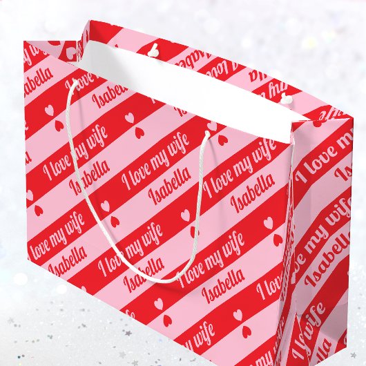 文字カスタムハートストライプズValentine's Red Pink ラージペーパーバッグ