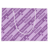 文字カスタムハートストライプパープルバレンタイン ラージペーパーバッグ (裏面)