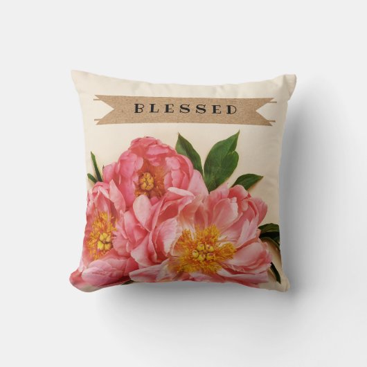 文字カスタムピンクフローラブーケクラフトリボン クッション (正面)