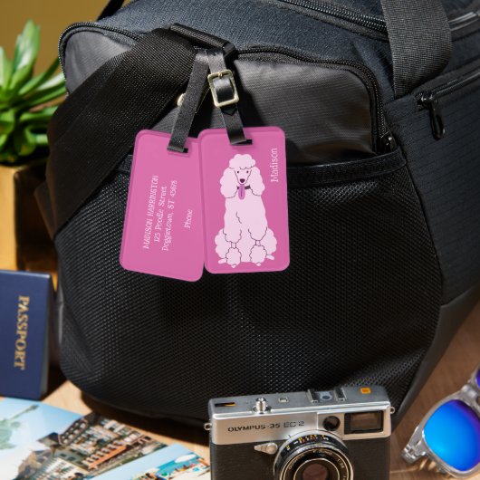 文字カスタムピンクプードル ラゲッジタグ (正面&裏面)