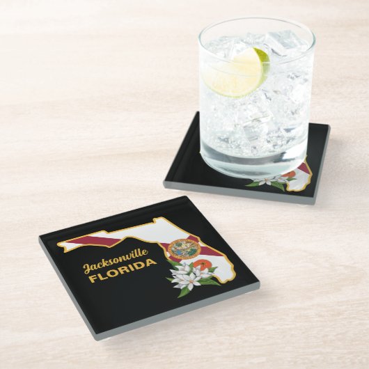 文字カスタムフロリダ州旗とフラワーオレンジの花 ガラスコースター (アングル)