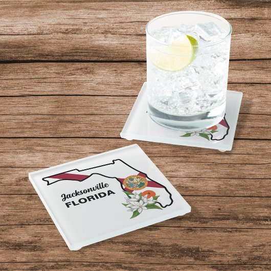 文字カスタムフロリダ州旗とフラワーオレンジの花 ガラスコースター