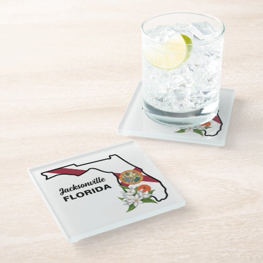 文字カスタムフロリダ州旗とフラワーオレンジの花 ガラスコースター (アングル)