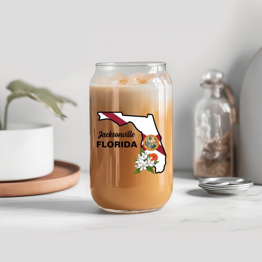 文字カスタムフロリダ州旗とフラワーオレンジの花 ガラス缶
