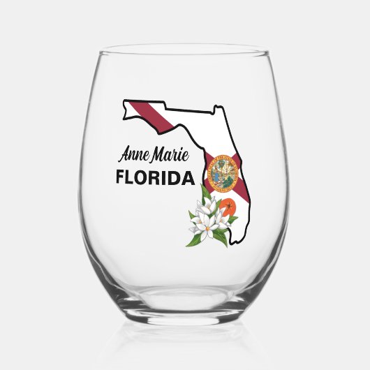 文字カスタムフロリダ州旗とフラワーオレンジの花 ステムなしワイングラス (正面)