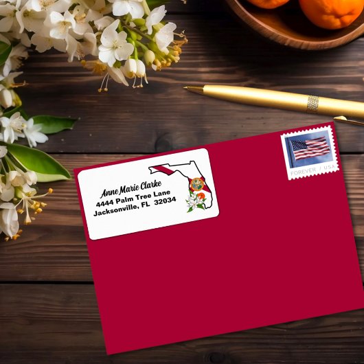 文字カスタムフロリダ州旗とフラワーオレンジの花 ラベル