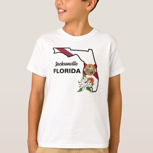 文字カスタムフロリダ州旗とフラワーオレンジの花 Tシャツ (正面)