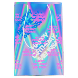 文字カスタムホログラフィックアイカッチングY2Kレインボー ミディアムペーパーバッグ