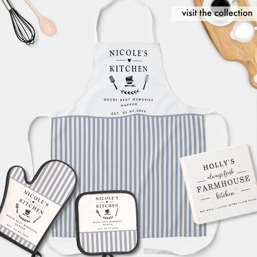 文字カスタムホワイトアンドブルーのズキュイストライプーファームハウス 鍋つかみ&鍋敷きセット