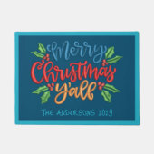 文字カスタムメリークリスマスY'オールブルーレッドグリーン ドアマット (正面)