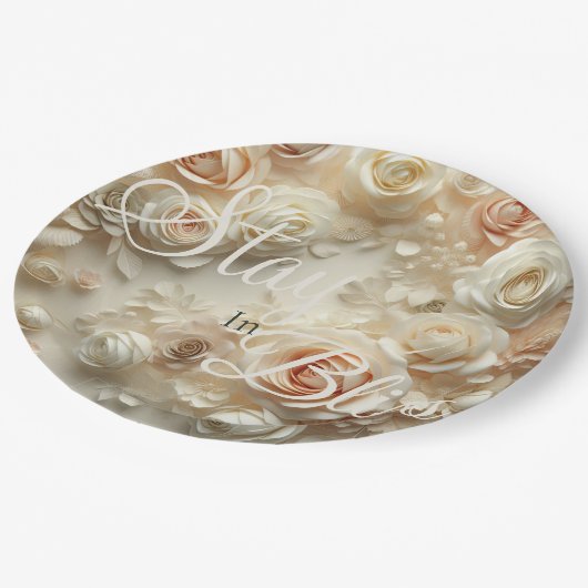 文字カスタムロマンチックなフローラアートとバラ ペーパープレート (アングル)
