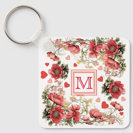 文字カスタムロマンチックピンクポピーとハート キーホルダー (正面)