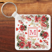 文字カスタムロマンチックピンクポピーとハート キーホルダー (正面)