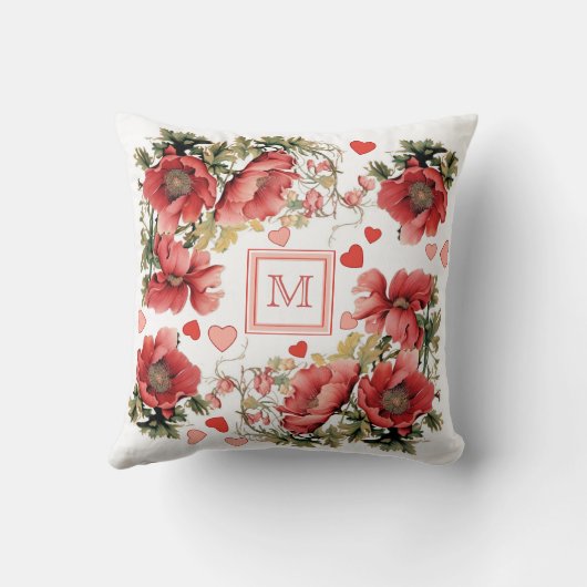 文字カスタムロマンチックピンクポピーとハート クッション (裏面)