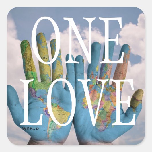 文字カスタムワールドピースグローブマップ手にワンラブ スクエアシール (正面)