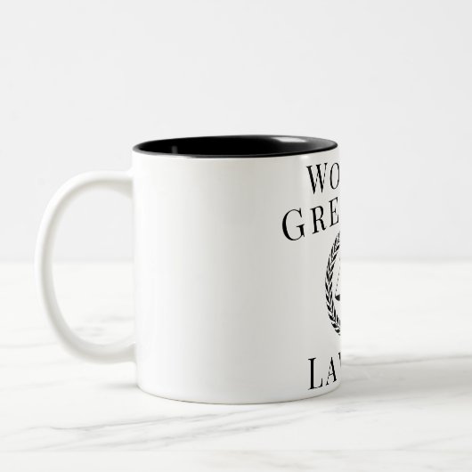 文字カスタム世界最大級の弁護士ジャスティスはかりで測 ツートーンマグカップ (左)