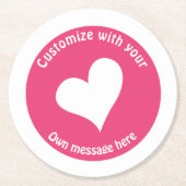 文字カスタム白ハートオンピンク ラウンドペーパーコースター (正面)
