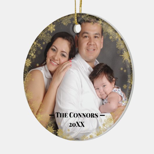 文字カスタム金ゴールドスノーフレークフレーム セラミックオーナメント (左)