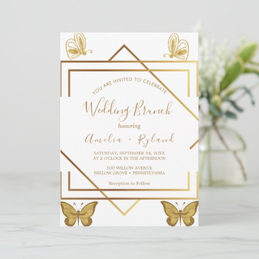 文字カスタム金ゴールドバタフライ結婚ズブランチ 招待状 (スタンド正面)