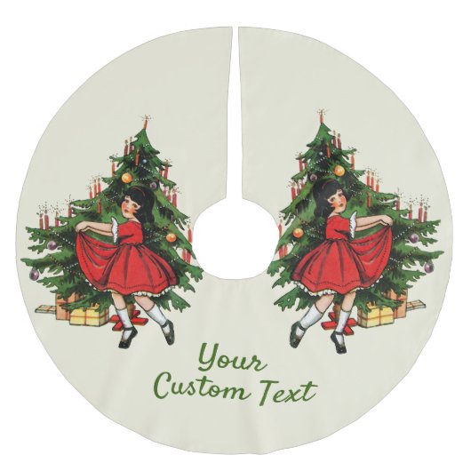 文字カスタム1950年代ヴィンテージガールとクリスマスツリー ブラッシュドポリエステルツリースカート (正面)