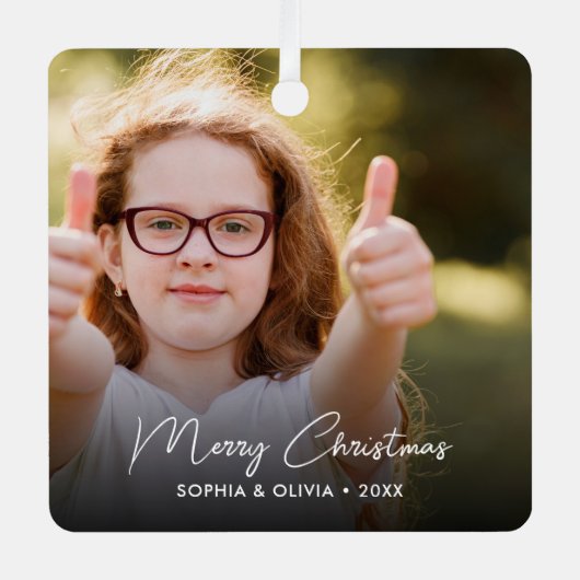文字カスタム2フォトトレンディーメリークリスマス メタルオーナメント (正面)