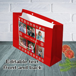 文字カスタム6枚の写真ウィンターフラワーレッド ラージペーパーバッグ