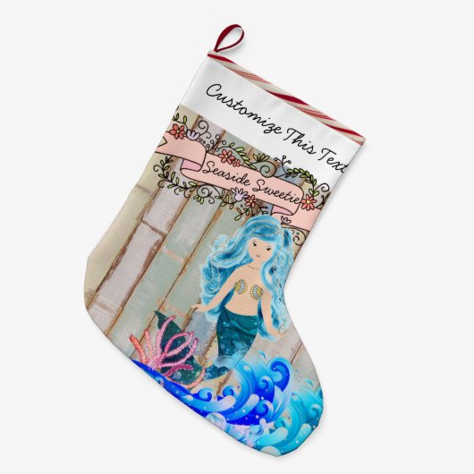 文字カスタム/ビーチアイランド海マーメイドグリッター ラージクリスマスストッキング (正面 (吊り時))