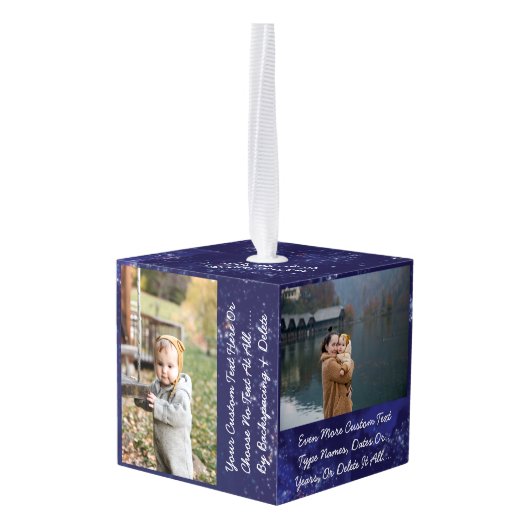 文字カスタム/写真グリッタースターズナイトブルースカイ キューブオーナメント (裏面アングル)