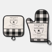 文字カスタム、白黒バッファロープレイド 鍋つかみ&鍋敷きセット (正面)