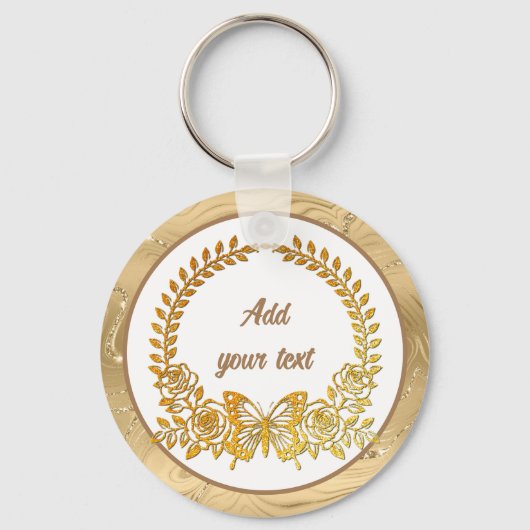 文字カスタム、金ゴールド蝶と花 キーホルダー (正面)