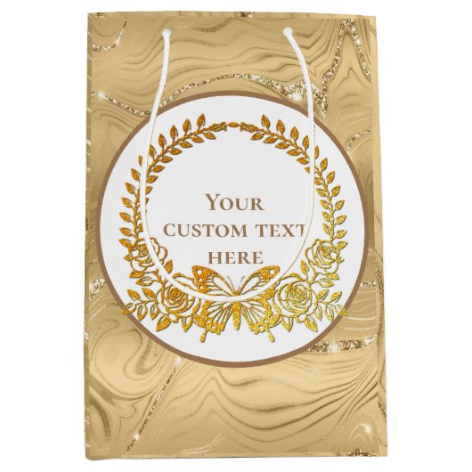 文字カスタム、金ゴールド蝶と花 ミディアムペーパーバッグ (正面)