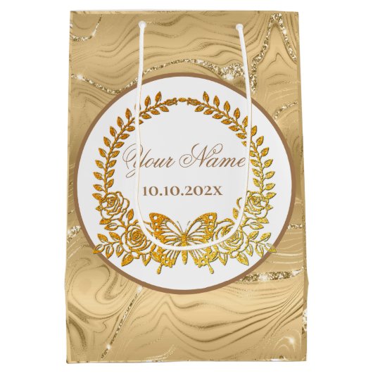 文字カスタム、金ゴールド蝶と花 ミディアムペーパーバッグ (裏面)