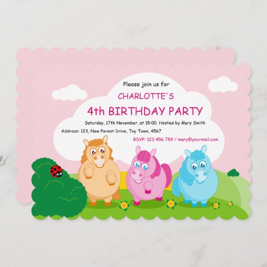 文字カラフル漫画のおもしろいかわいい小さなポニーを追加: 招待状 (正面/裏面)