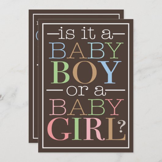 文字カラフル男の赤ちゃんまたは女の子の性別の表示パーティー 招待状 (正面/裏面)