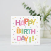 文字カラフル紙吹雪と星ハッピーバースデー カード (スタンド正面)