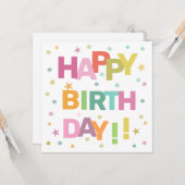 文字カラフル紙吹雪と星ハッピーバースデー カード (正面/裏面インサイチュ)