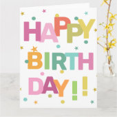 文字カラフル紙吹雪と星ハッピーバースデー カード (黄色い花)