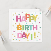 文字カラフル紙吹雪と星ハッピーバースデー カード (正面/裏面インサイチュ)
