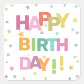 文字カラフル紙吹雪と星ハッピーバースデー スクエアシール (正面)