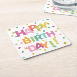 文字カラフル紙吹雪と星ハッピーバースデー スクエアペーパーコースター