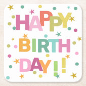 文字カラフル紙吹雪と星ハッピーバースデー スクエアペーパーコースター (正面)