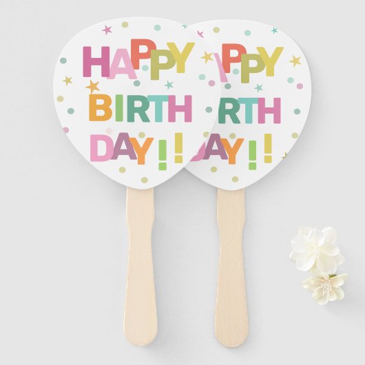 文字カラフル紙吹雪と星ハッピーバースデー ハンドファン (正面&裏面)