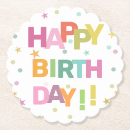 文字カラフル紙吹雪と星ハッピーバースデー ペーパーコースター
