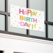 文字カラフル紙吹雪と星ハッピーバースデー 横断幕 (ビルの外側)