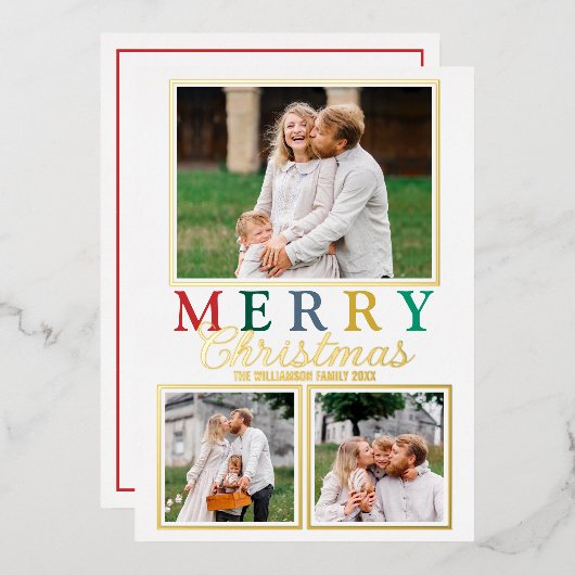 文字カラフル3写真シックなメリークリスマス金ゴールド 箔シーズンカード (正面/裏面)