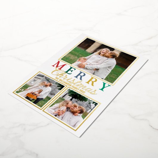 文字カラフル3写真シックなメリークリスマス金ゴールド 箔シーズンカード (回転した状態)