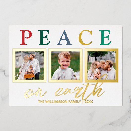 文字カラフル3写真シック平和オンアース金ゴールド 箔シーズンカード (正面)