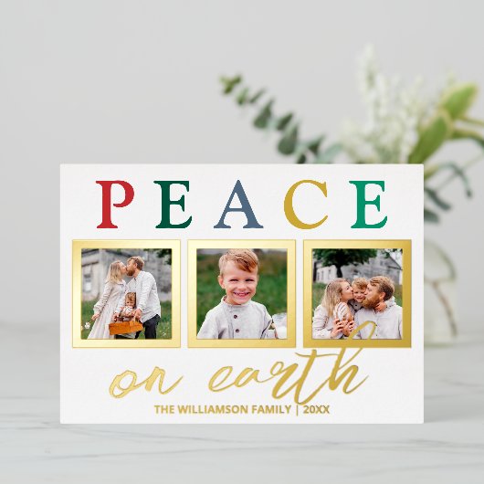 文字カラフル3写真シック平和オンアース金ゴールド 箔シーズンカード (立ち正面)