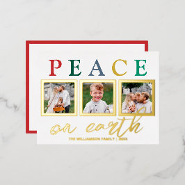 文字カラフル3写真Peace On Earthシック金ゴールド 箔シーズンポストカード